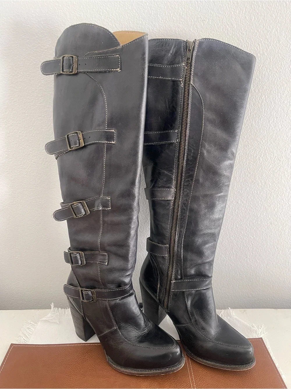 Women's Black Leather Knee-High Buckle Boots.   BED|STU